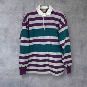 Vintage 90s LL Bean Rugby Shirt Mens L Purple Green Gray Stripe Long Sleeve USA